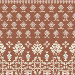 This fabric has a floral pattern. The background color is dark brown. The pattern is cream. It is a perfect blend. Suitable for use as decoration such as cushions, curtains or wallpaper.
