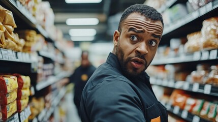 Thief alert in a supermarket, employees noticing a shopper behaving unusually. Featuring fast detection and store protection