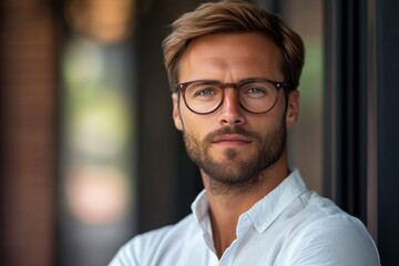 Obraz premium Portrait of a bearded man wearing glasses and a white shirt standing outdoors with a confident look