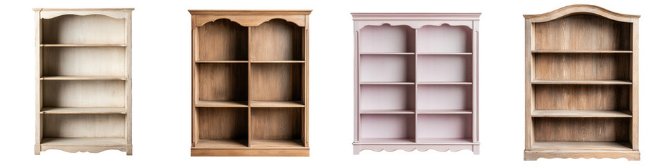 Assortment of Wooden Shelves and Cabinets for Home and Office Storage and Display  Various styles and sizes of shelving units bookcases