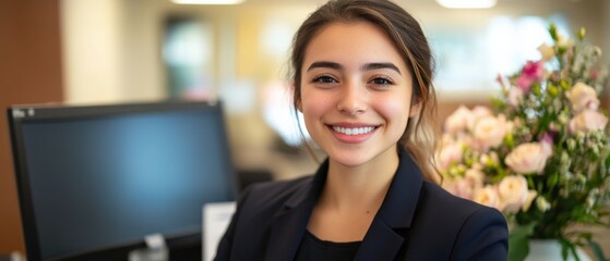 Smiling woman receptionist at desk with computer and flowers