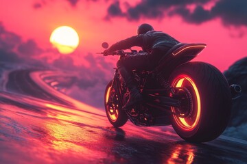 Fototapeta premium Rider on a motorcycle cruising along a neon-lit road during a vibrant sunset in a retrowave landscape