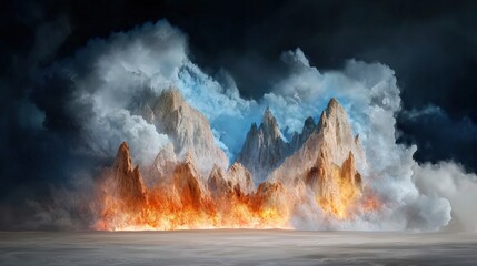 Fiery mountains emerging from clouds and smoke.