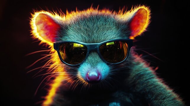 A cool marsupial wearing sunglasses poses confidently against a vibrant, colorful background, exuding a playful vibe