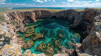 Fototapeta premium Coastal Lagoon, Clear Water, Rock Formation, Sunny Day, Aerial View, Travel Destination