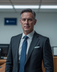 Fototapeta premium A middle aged male banker in formal attire in a bank office on a plain background