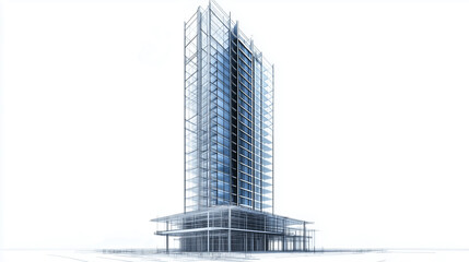 A conceptual high-rise skyscraper presented in an innovative blueprint-style architectural rendering, featuring a transparent steel frame and detailed structural blueprints
