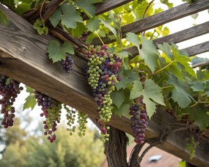 A bountiful grape arbor showcases ripening bunches of grapes in a sun-dappled setting.