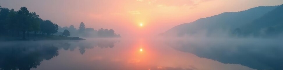 Fototapeta premium Thick fog obscures still lake at daybreak, hazy sun , white, daybreak