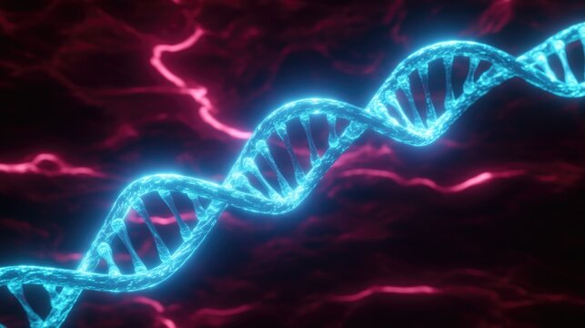 Glowing DNA helix intertwined with vibrant energy waves, showcas