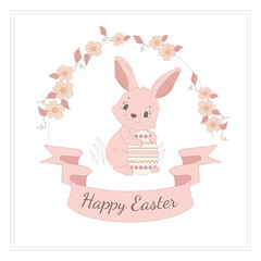 PrintAdorable pastel Easter bunny holding a decorated egg, surrounded by a floral wreath and ribbon banner with 