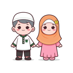Adorable Cartoon Illustration of Muslim Boy and Girl in Traditional Islamic Attire with Hijab and Kufi