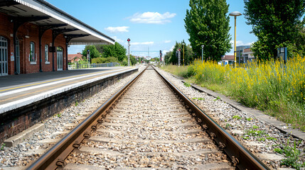 Obraz premium Train tracks vanishing point, sunny day, station platform background, travel poster