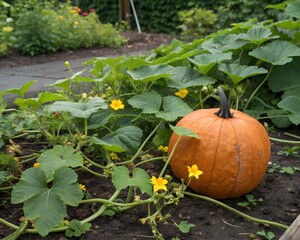 Obraz premium A ripe, orange pumpkin rests on the ground amidst green vines and yellow flowers in a garden.