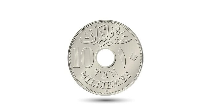 Reverse of Egyptian coin in ten milliemes 1917 coin. The coin appear on the screen with a captivating style. Animated vector coin. Money animation.