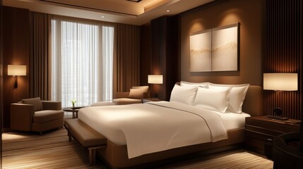 Elegant modern hotel room featuring a king-sized bed and cozy seating