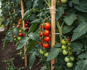 Close-up of ripe and unripe cherry tomatoes growing on a vine in a greenhouse.