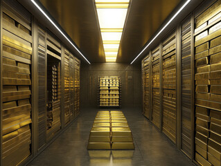 bank vault filled with gold bars, showcasing wealth and security. shiny gold reflects light, creating luxurious atmosphere in spacious room