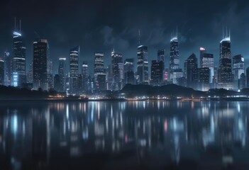 Fototapeta premium Darkened blue gradient with blurred cityscape and nighttime atmosphere, atmospheric effect, dark blue gradient, blurred architecture