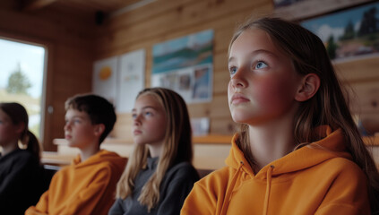 Fototapeta premium Children focus intently during a group discussion in a rustic classroom with warm wooden walls and natural light