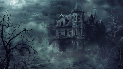 Fototapeta premium Eerie Haunted House Horror Scene Background with Spooky Atmosphere, Creepy Victorian Mansion, Ghostly Shadows, and Halloween Decoration for Dark Fantasy Design
