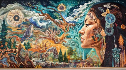 Vibrant mural depicting a woman's profile with nature elements, animals, and celestial bodies