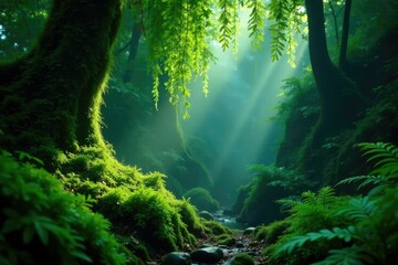 Fototapeta premium Mossy fern fronds hang like a veil in darkness, greenery, atmosphere