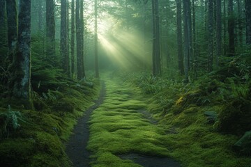 Obraz premium Enchanting forest bathed in soft morning sunlight with misty atmosphere