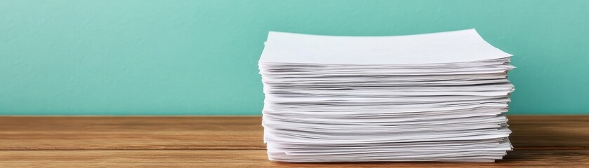 A neat stack of white papers on a wooden surface against a teal background, symbolizing organization and office supplies.