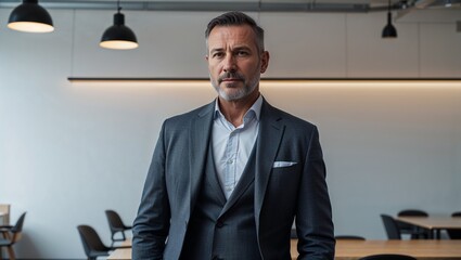 Fototapeta premium A middle aged male entrepreneur in a suit at a co working space on a plain background
