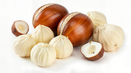 Scattered hazelnut isolated on white background. Package design element with clipping path