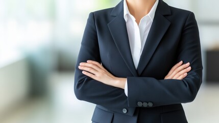 A confident businesswoman stands with arms crossed, wearing a tailored suit, exuding professionalism in a modern office environment.