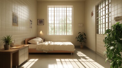 Fototapeta premium A bright, spacious prison cell with a study table, comfortable bed, and contemporary accents