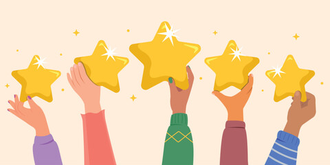 Hands holding golden star stars for rating, People satisfaction Concept. Communication concept.