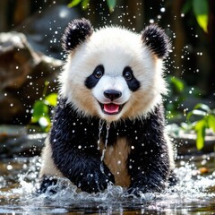 Cute little panda playing with water