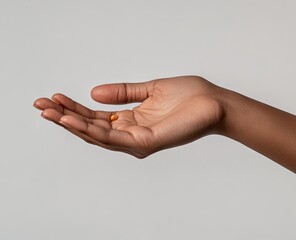 Hand holding orange pill against gray background