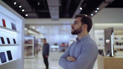 Thief alert in a tech store, employee noticing suspicious activity. Featuring swift response and electronics protection