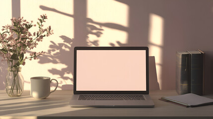 Fototapeta premium Minimal Home Office Desk with Laptop and Natural Light,Cozy Workspace with Laptop, Flowers, and Coffee Mug
