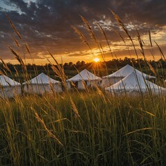 A breathtaking sunset behind a field of tall grass, with a cluster of white tents in the distance.
