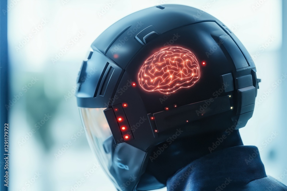 Poster futuristic helmet with sensors attached to a user head, visualizing brain-computer interface interac