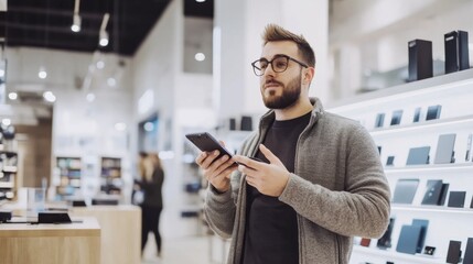 Thief alert in a tech store, employee noticing suspicious behavior. Featuring swift response and tech product protection