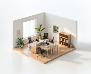 modern office space with wooden flooring features desks, chairs, and plants, creating bright and organized environment. room includes bookshelf and wall art, enhancing professional atmosphere