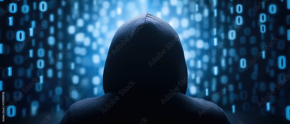 Poster mysterious hooded figure in shadows typing on keyboard surrounded by binary code