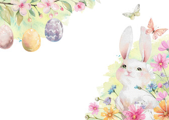 Easter bunny with hanging painted eggs watercolor isolated art frame template for holiday designs