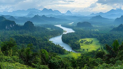Fototapeta premium High angle view of winding river valley, lush green mountains, and misty landscape