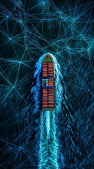 Stunning angle showing a cargo ship glowing with energy, moving across a digital network of sea paths, embodying global trade and communication.