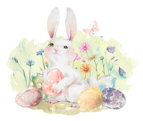 Easter bunny with painted eggs on green lawn with wildflowers watercolor illustration for designs