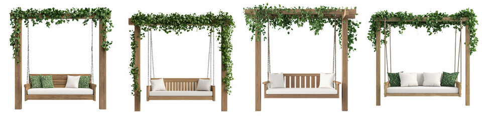 Lush Outdoor Retreat with Whimsical Hanging Beds and Ornate Floral Trellises Cozy and Inviting Garden Oasis with Comfortable Seating and Lush Greenery