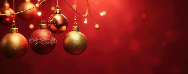 Row of golden and red ornaments hanging in a row from a string, festive holiday decoration, red and gold