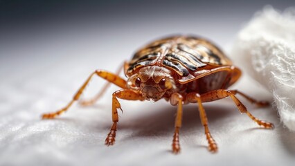 A close-up shot of a bed bug magnified through a handheld magnifying glass placed on a white
